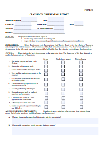 Formal Classroom Observation Report