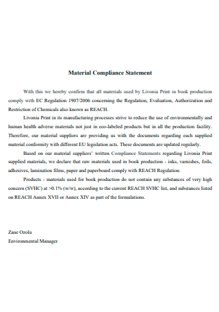 Formal Material Compliance Statement