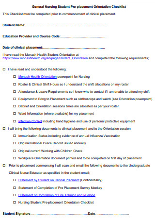 General Nursing Student Pre placement Orientation Checklist 