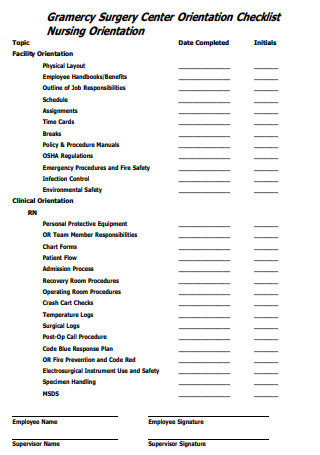 Gramercy Surgery Center Orientation Checklist Nursing Orientation