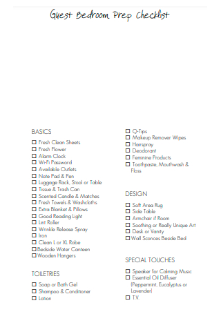 Guest Bed Room Checklist