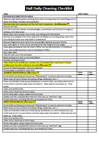 Hall Daily Cleaning Checklist Template