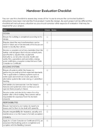 Handover Evaluation checklist