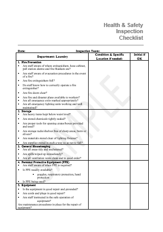 Health and Safety Inspection Checklist in DOC