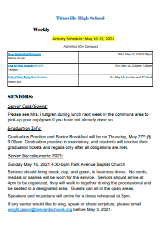 High School Weekly Activity Schedule