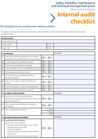 Internal Audit Checklist for Safety Reliability Maintenance