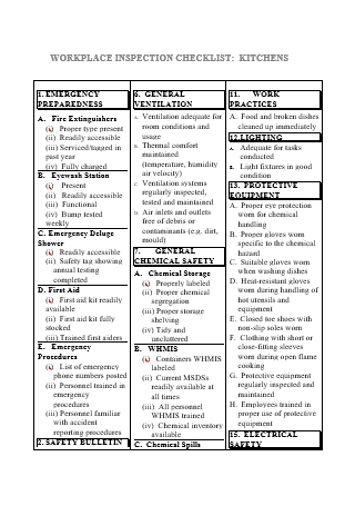 Kitchen Workplace Inspection Checklist in DOC