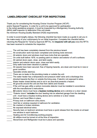 Landlord Inspection Unit Checklist