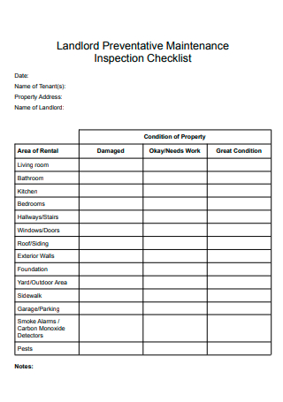 Landlord Preventative Maintenance Inspection Checklist 