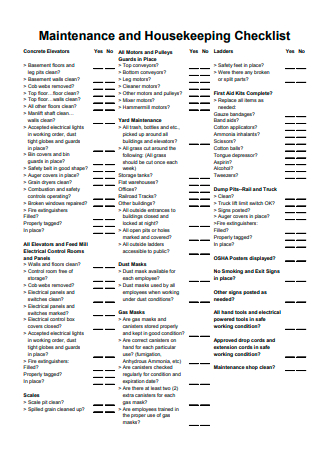 Maintenance and Housekeeping Checklist