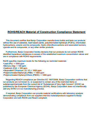 Material of Construction Compliance Statement