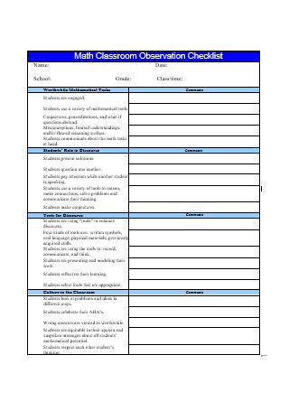 Math Classroom Observation Checklist