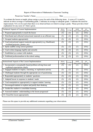 Mathematics Classroom Teaching Observation Report