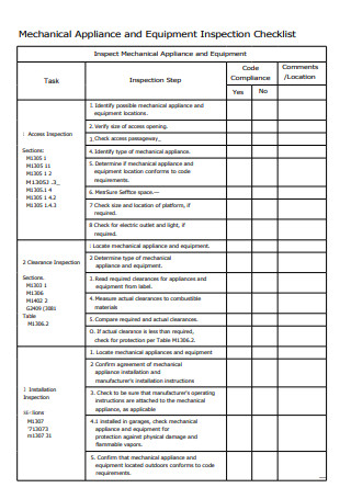 Mechanical Appliance and Equipment Inspection Checklist