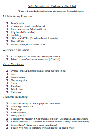 Monitoring Materials Checklist