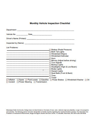 Monthly Vehicle Inspection Checklist Example