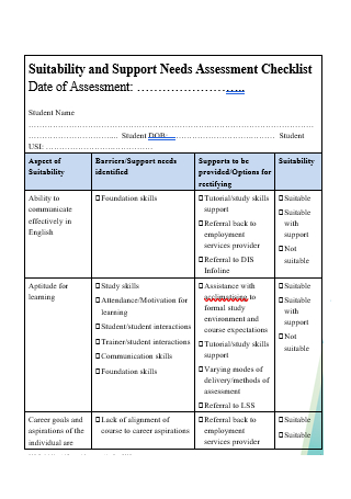 Needs Assessment Checklist in DOC