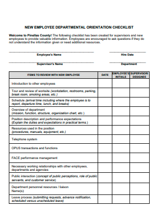 New Employee Departmental Orientation Checklist
