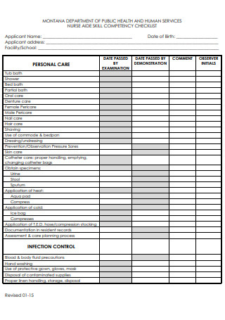 Nurse Aide Skill Competency Checklist