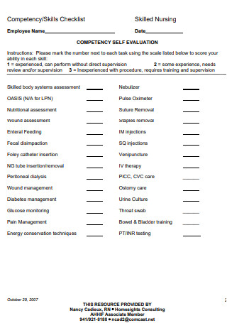 Nurse Competency Checklist in PDF