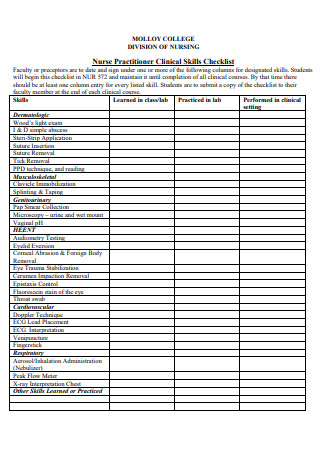 Nurse Practitioner Clinical Skills Checklist