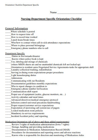 Nursing Department Specific Orientation Checklist