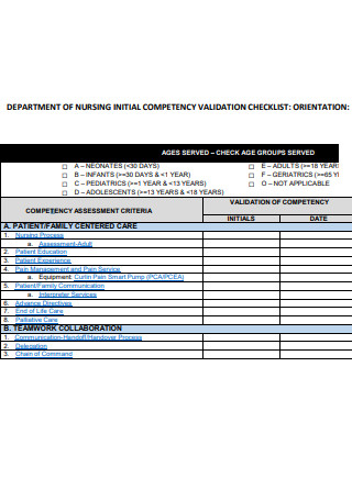 Nursing Initial Competency Orientation Checklist