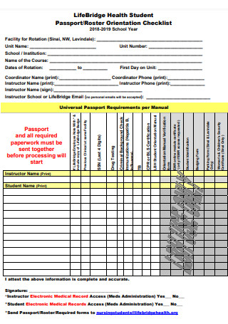 Nursing Student Passport Orientation Checklist