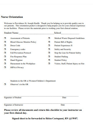 Nursing Unit Orientation Checklist