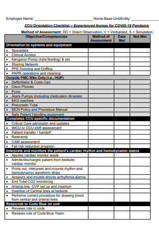 Orientation Checklist for Experienced Nurses for COVID 19 Pandemic