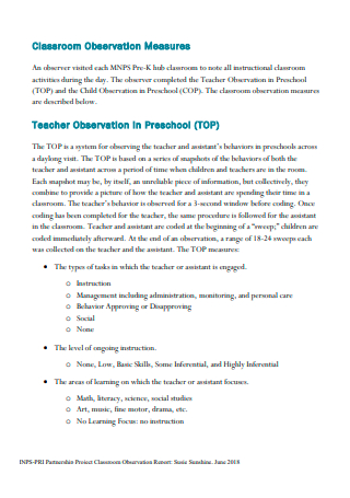 Partnership Project Classroom Observation Report
