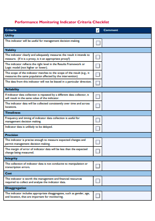 Performance Monitoring Indicator Criteria Checklist