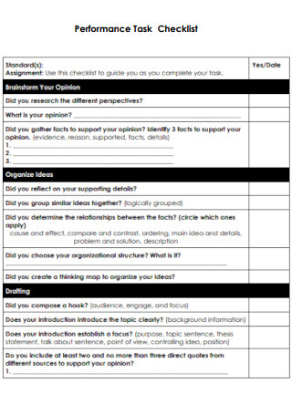 Performance Task Checklist