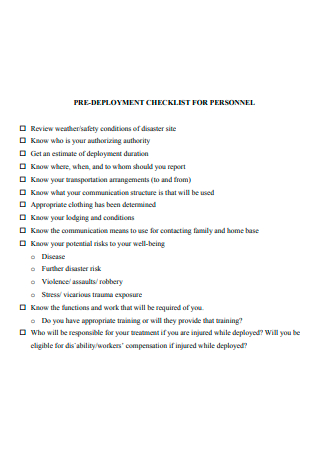 Personnel Pre Deployment Checklist