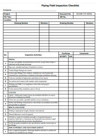 Piping Field Inspection Checklist