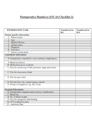 Postoperative Handover Checklist