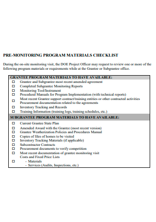 Pre Monitoring Program Materials Checklist