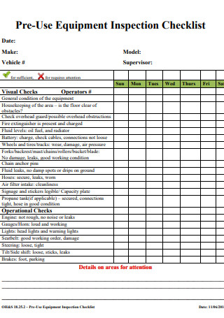 Pre Use Equipment Inspection Checklist