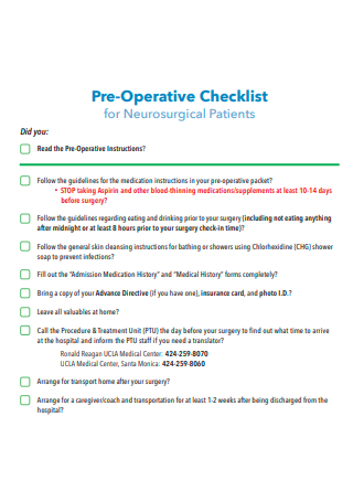 Preoperative Checklist For Neurosurgical Patients