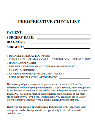 Preoperative Checklist Template