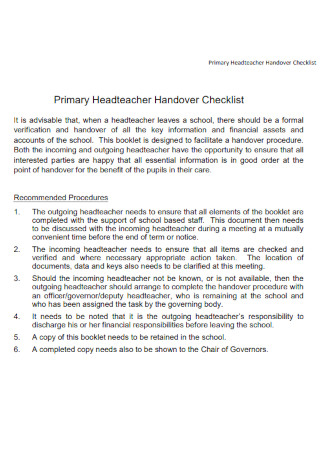Primary Headteacher Handover Checklist