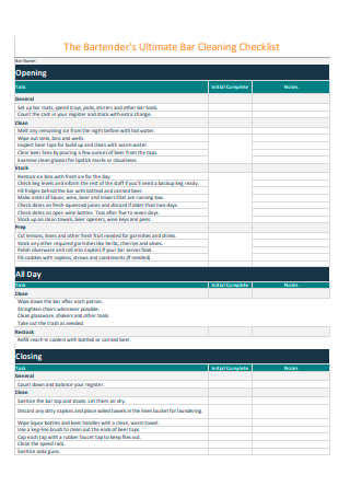 Printable Bar Cleaning Checklist