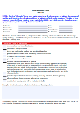 Printable Classroom Observation Checklist