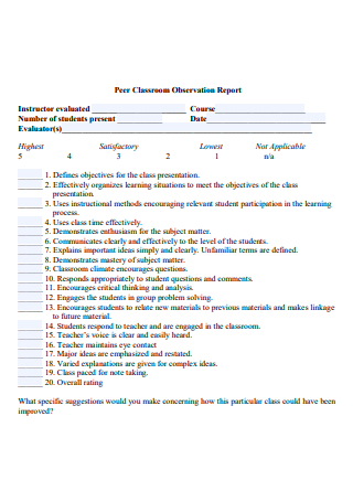 Printable Classroom Observation Report