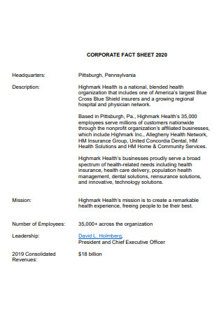 Printable Corporate Fact Sheet