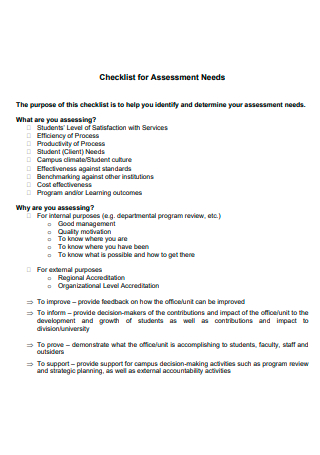 Printable Needs Assessment Checklist
