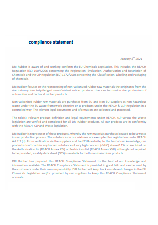 Printable Product Compliance Statement