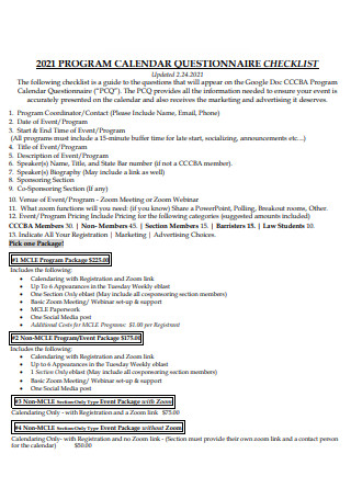 Program Calendar Questionnaire Checklist