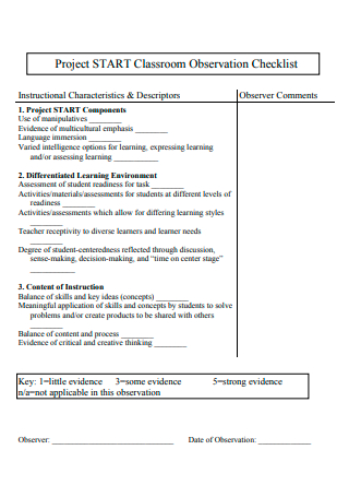 Project Start Classroom Observation Checklist