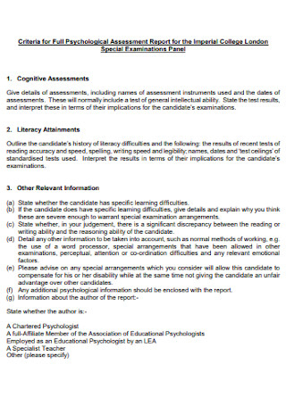 Psychological Assessment Report for College